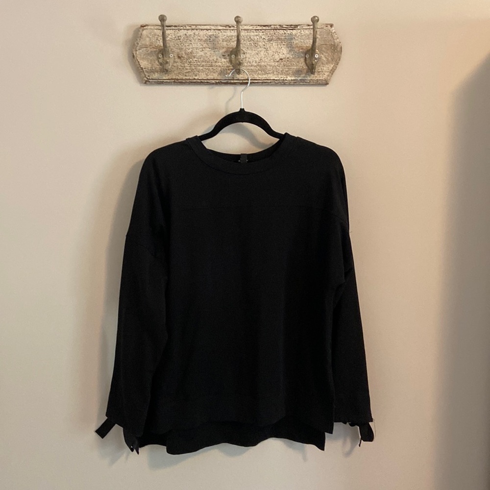 Black French Terry Top with Grosgrain Bows on Sleeves - Size Medium